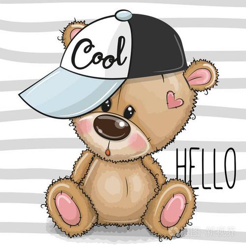 可爱的卡通酷泰迪熊,带粉色帽子的条纹背景