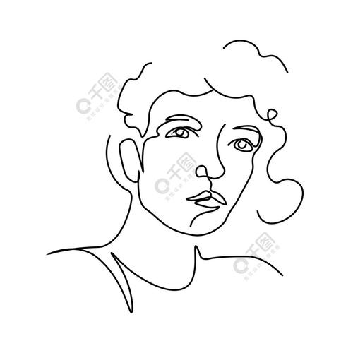 简约风格线条艺术绘图矢量中的女性肖像孤立的女性脸卷曲的发型人脸
