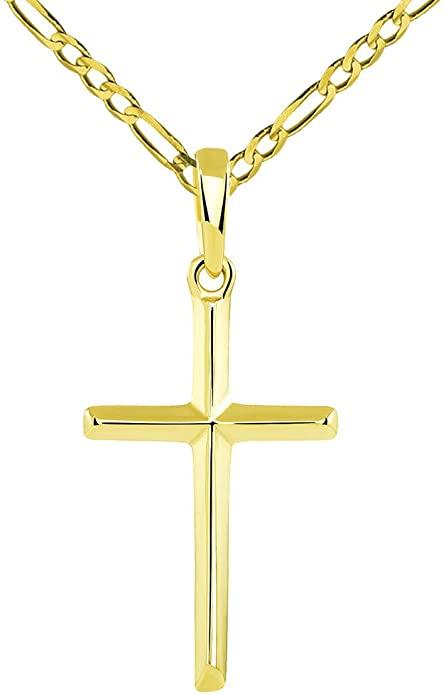 14k 纯黄金传统简约宗教十字架吊坠带费加罗链项链