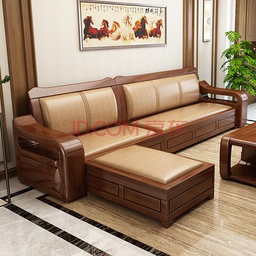 中式实木沙发冬夏两用小户型储物组合皮沙发套装木质客厅家具w 三人位
