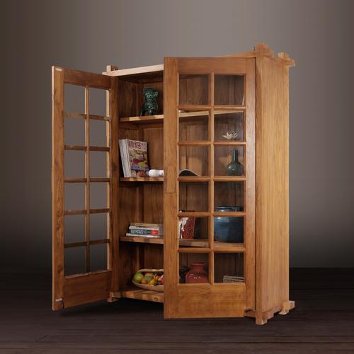 古榆情怀榆木玻璃带门书柜置物柜实木柜子原木家具单个书柜
