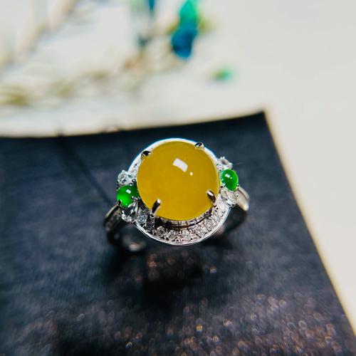 天然缅甸黄翡翠a货戒指18k金镶嵌冰种黄翡蛋面指环