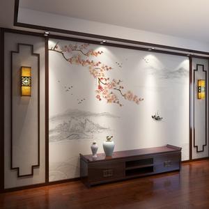 8d现代新中式山水花鸟电视背景墙壁纸简约客厅沙发影视墙壁画墙布