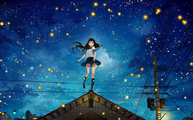 星空下站在屋顶的动漫女生壁纸