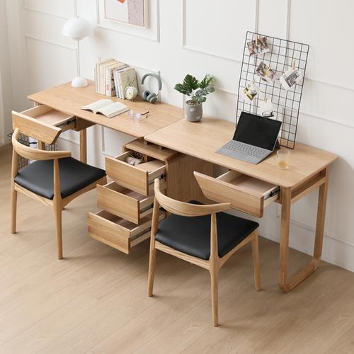 北欧实木双人书桌家用办公桌简约电脑桌卧室连体书桌