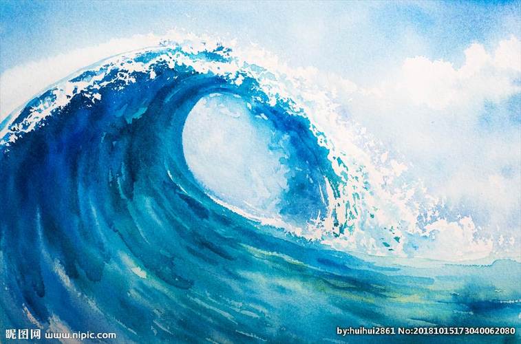 针管笔与水彩结合的海浪绘画图片作者ins:noelbadgespugh水彩手绘蓝色