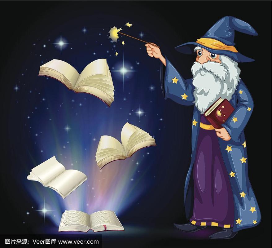 老巫师拿着书和魔杖