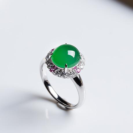 天然a货翡翠戒指 冰种阳绿戒面戒指18k金镶嵌女士玉石戒指指环——翠