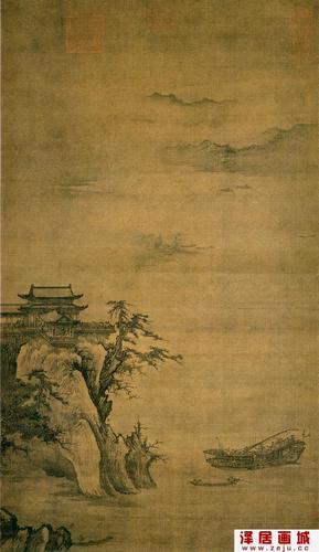 宋代江天楼阁图描绘江山楼阁天水一色的全景式山水画高清大