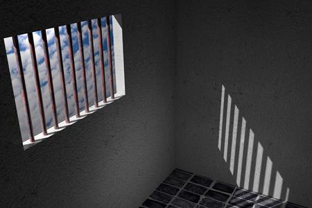 天空和通过铁窗监狱窗口中看到的向日葵田监狱窗口在魔术与酒吧的窗口