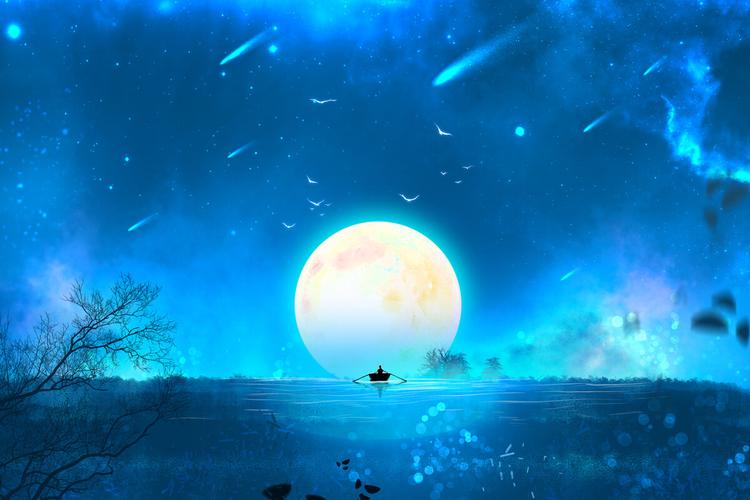 月亮 星星 插画 手绘 二次元 壁纸 蓝色 海洋 划船 出海 星空 星座