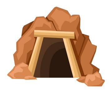矿机动画图卡通矿入口.复古隧道.沙漠里的老矿井.