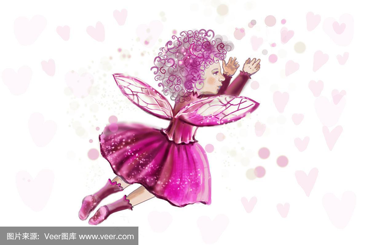 小仙女的背景是一颗心,粉红色的裙子