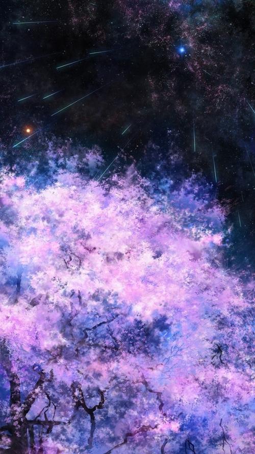 iphone 壁纸 艺术绘画,樱花树,太空,流星雨