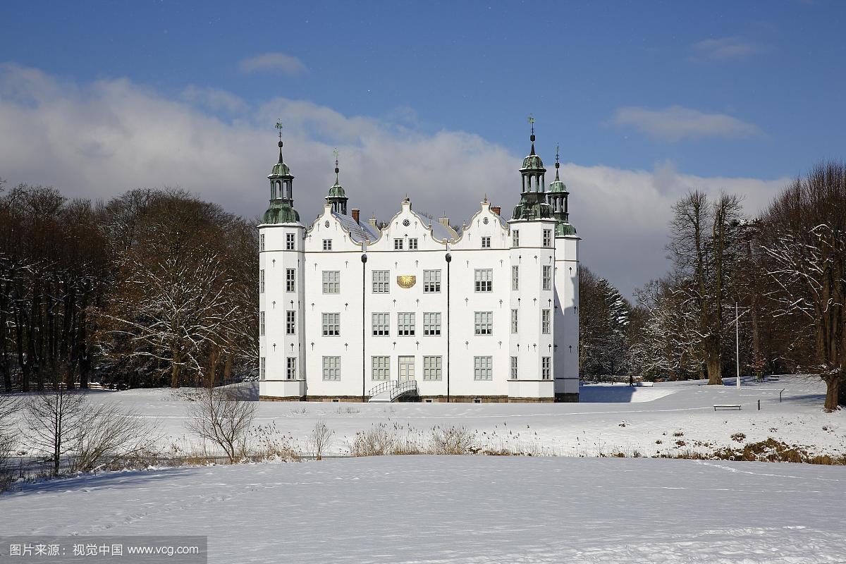 雪中的阿伦斯堡城堡,阿伦斯堡,stormarn区,石勒苏益格-荷尔斯泰因