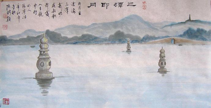 国画-杭州西湖十景"西湖十景"是指浙江省杭州市著名旅游景点西湖上的