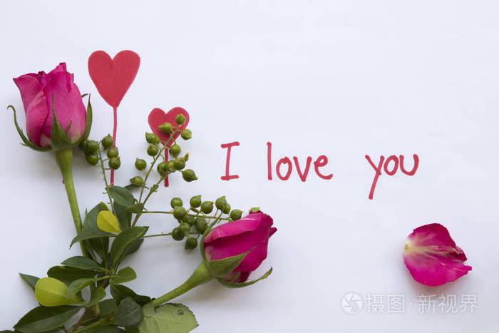 我爱你留言卡上的字迹,上面画着红色的心和粉红色的玫瑰花,在情人节