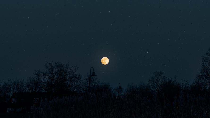 壁纸月球,满月,满天星斗的天空,夜晚,黑暗,剪影高清:宽屏:高清晰度:全