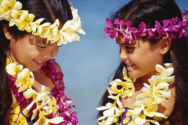 两个,孩子,夏威夷,女孩,穿,花环,面对面,海滩