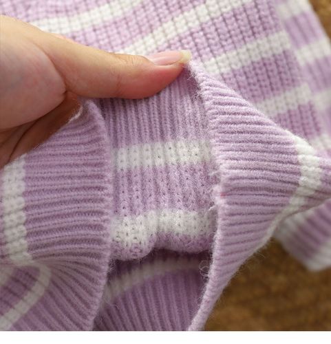 2020新款儿童针织衫洋气圆领小童毛线衣宝宝打底衫 双色条纹毛衣紫色