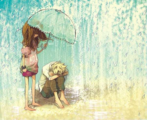 女孩伤心淋雨蹲下来哭泣,有个男的为女孩遮雨自己淋雨的伤感画面,动漫