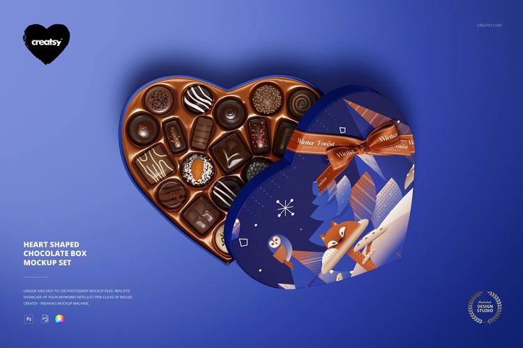 时尚心形巧克力包装盒设计展示ps贴图样机素材 heart shaped chocolat