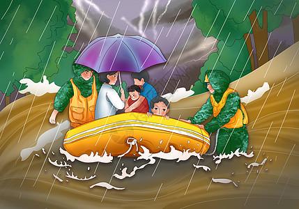 自然灾害 救援洪水中消防员暴雨救人皮艇战士插画