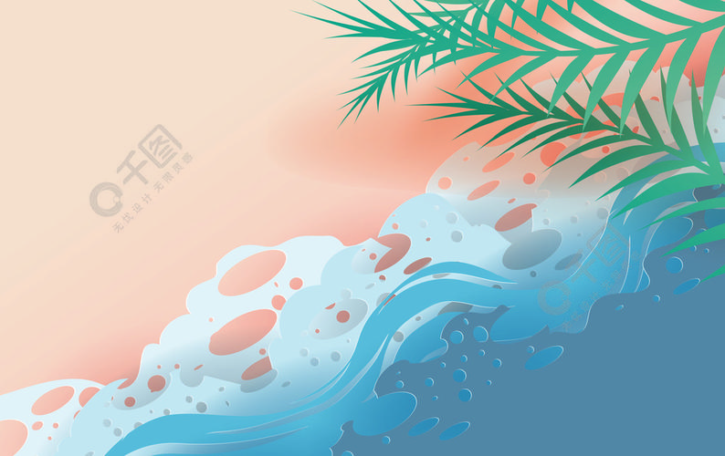 顶视图的例证在海滩的热带叶子和海浪夏季季节背景与海岸创意设计纸艺
