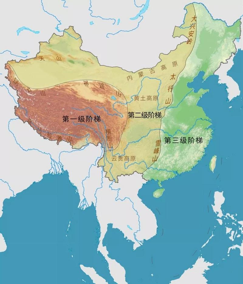 中国地势三级阶梯示意图 我国地势西高东低呈三级阶梯分布,第一级阶梯