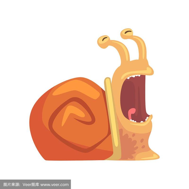 可爱有趣的张开嘴的蜗牛,可爱的漫画人物卡通软体动物矢量插图