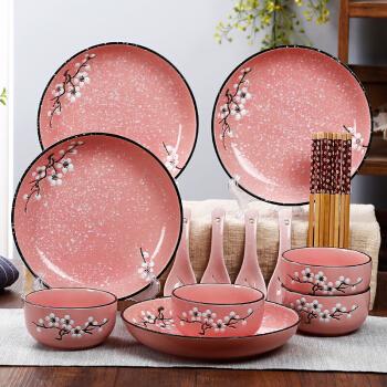 日式碗筷套装家用陶瓷碗盘碗碟套装礼品餐具礼盒装盘子碗套装雪梅粉色