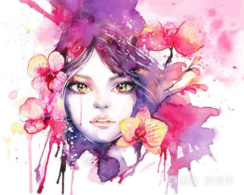 美丽的女人与兰花花-水彩时尚插图与女性肖像和粉红色的兰花.