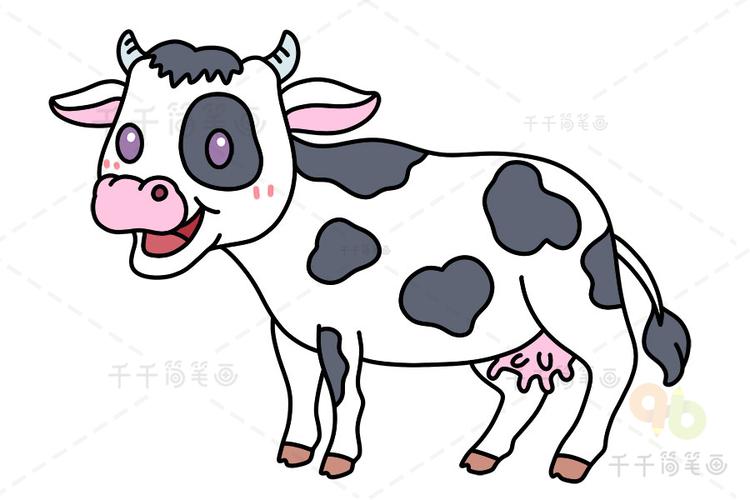 第五步:涂上颜色.可爱的奶牛简笔画就完成了.卡通奶牛简笔画
