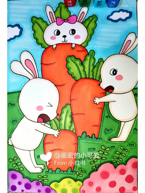 小兔子拔胡萝卜创意儿童画简笔画卡通