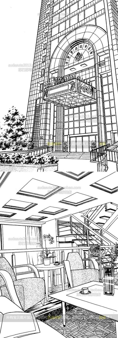 105张现代建筑场景线稿图片 黑白cg漫画背景城市街道背景学校大厦