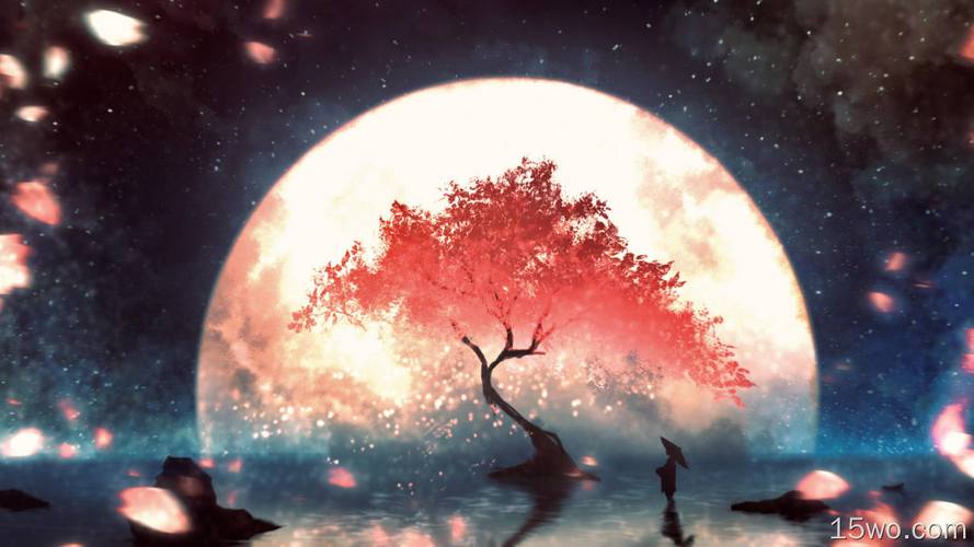 动漫原创天空starrysky女孩sakura树月亮高清壁纸