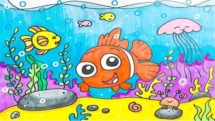 补充鱼儿和其它动物颜色,珊瑚和海水涂蓝,画上气泡,海底世界儿童画就