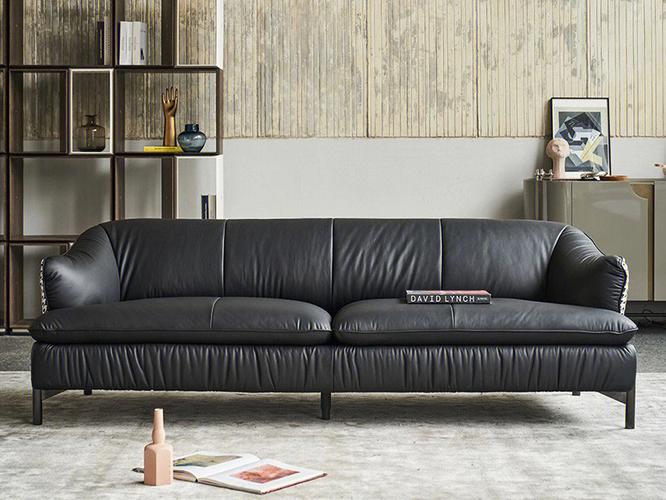 新品沙发意式极简黑色真皮沙发
