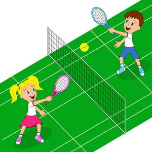 小男孩看网球比赛网球男孩微笑隔绝在黑男孩和女孩玩体育插画健身