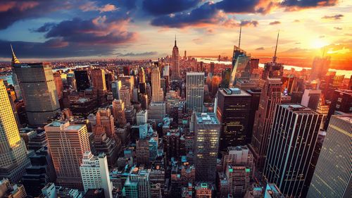 纽约曼哈顿城市摩天大楼日落美国4k