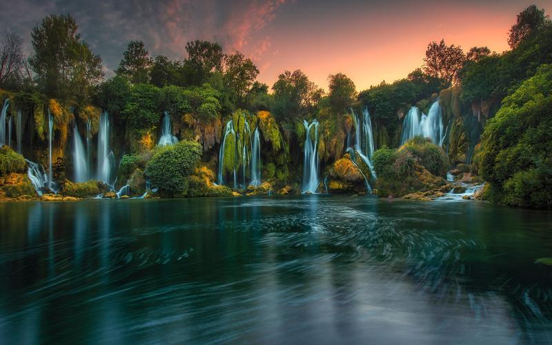 壁纸 波斯尼亚和黑塞哥维那,克拉维斯瀑布,湖泊,树木,黄昏