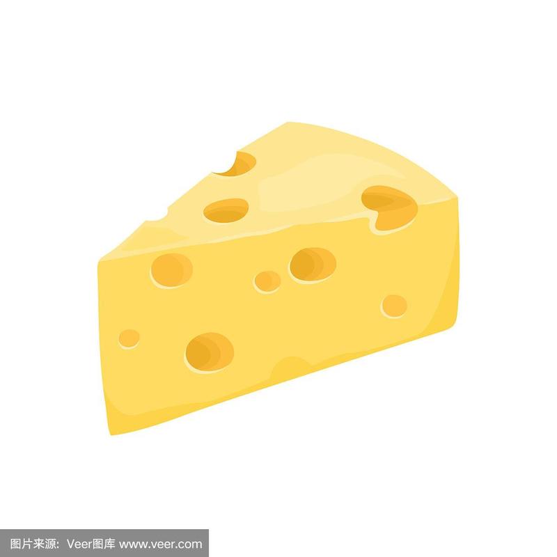 三角形的新鲜黄色奶酪在卡通扁平风格.奶农产品矢量图.图标.