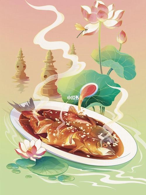 西湖醋鱼国风美食插画