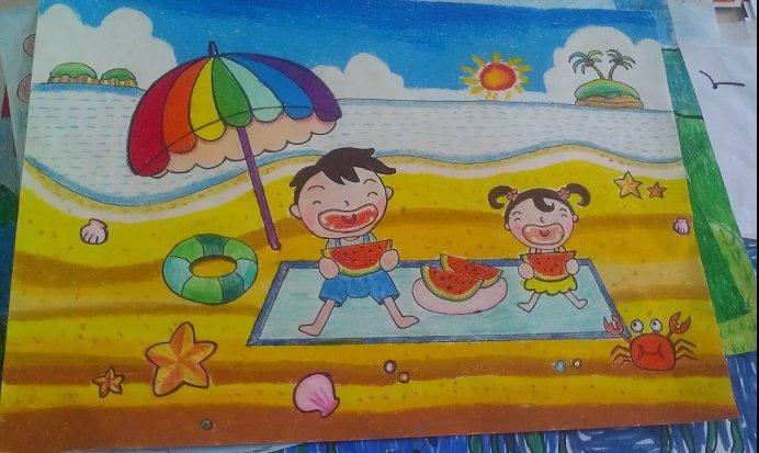 儿童画夏天的海边图画_清凉的夏日
