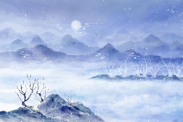 中国风水墨唯美小寒大寒节气冬天蓝色山水风景插画海报背景素材小寒