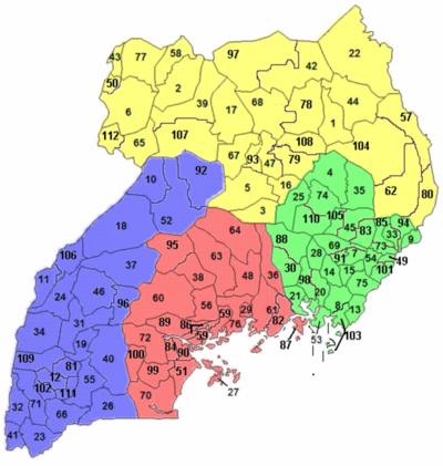 乌干达行政区划(绿色: 东部区,红色:中部区,黄色:北部区