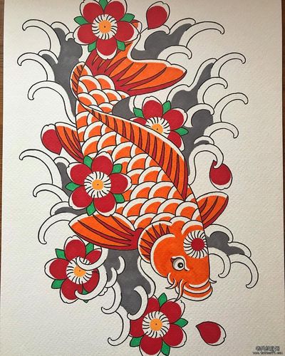 彩色日式传统鲤鱼纹身图案
