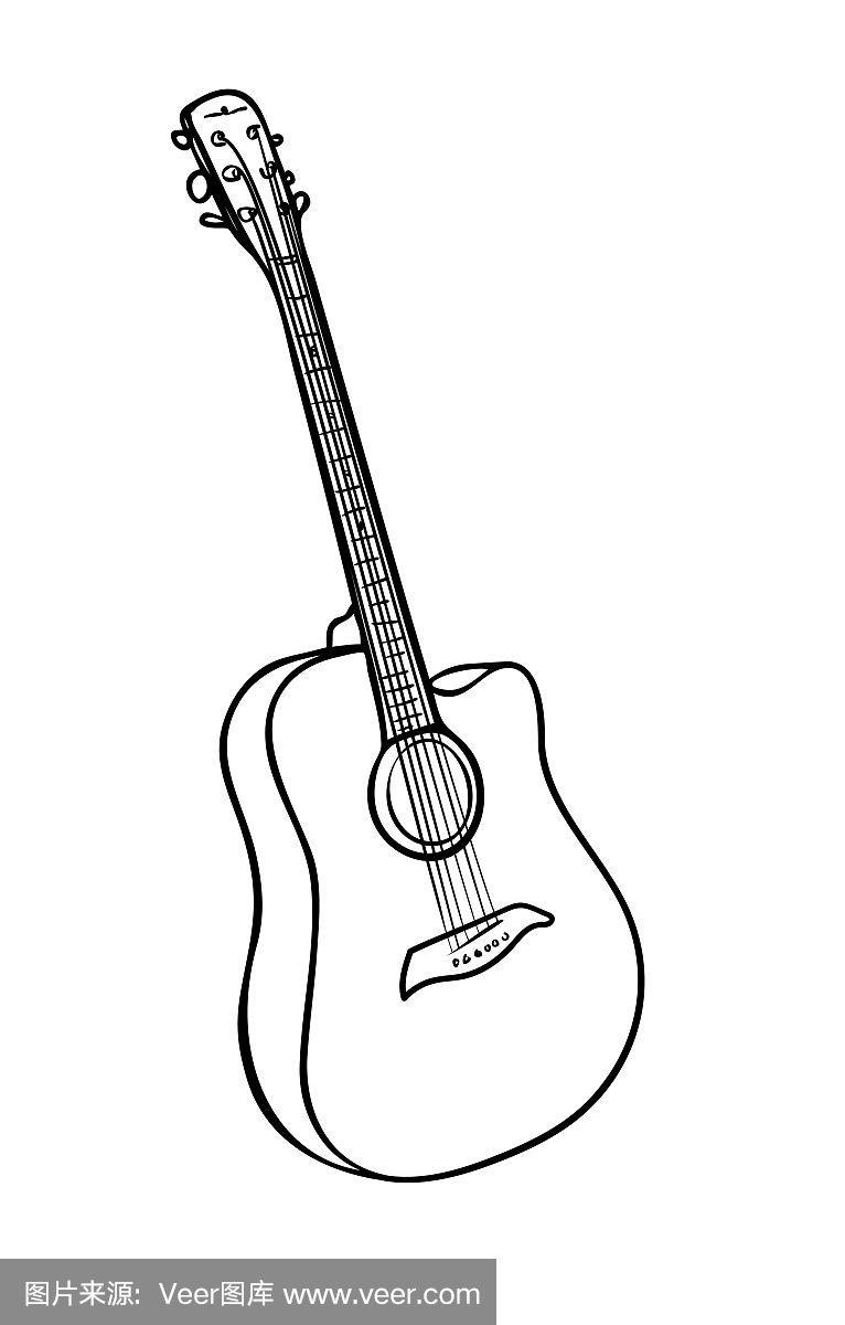 矢量插图,孤立的原声吉他在黑白颜色,轮廓手绘绘图