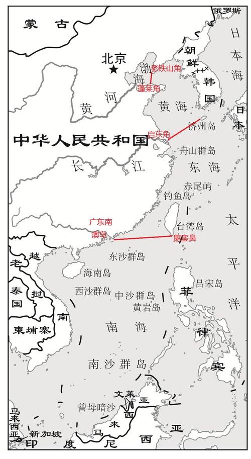 2,黄海与东海分界线:长江口北岸的启东角与韩国济州岛西南角