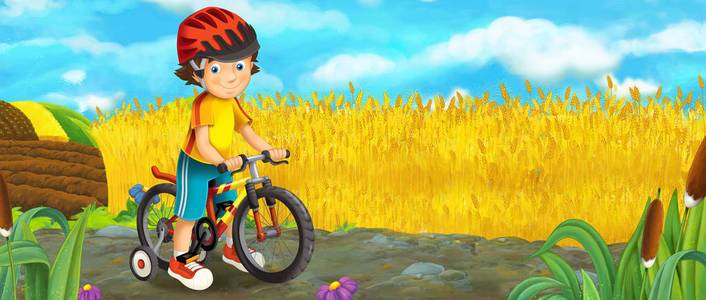 骑自行车的乐趣卡通场面与愉快的男孩, 有乐趣和骑自行车, 五颜六色的